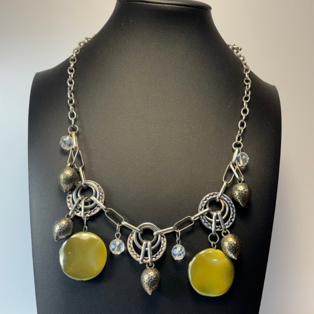 Statement Necklace Green Silver Tone Boho Beaded Mixed Metal Charm Whimsygoth